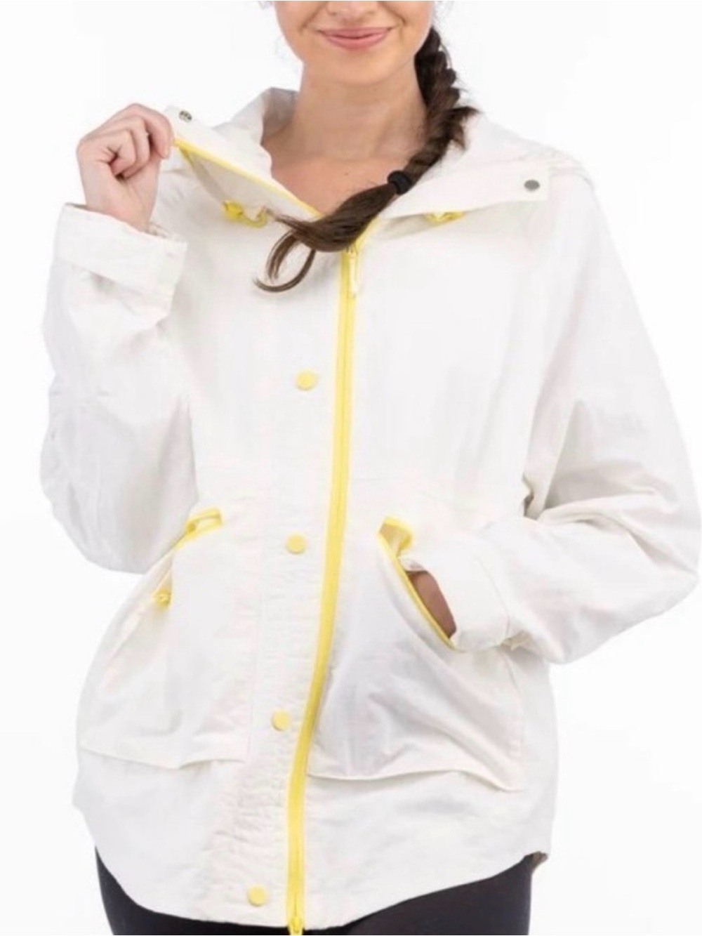 LIV outdoor white rain jacket with yellow accents